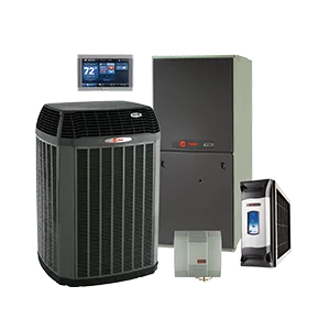 Trane heating and cooling equipment family — thermostat, furnace, and outdoor units