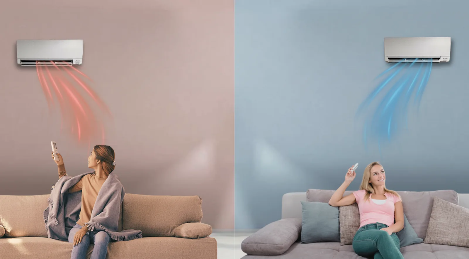 Two living rooms, one warm and one cool, each with a homeowner adjusting the ductless remote from the couch