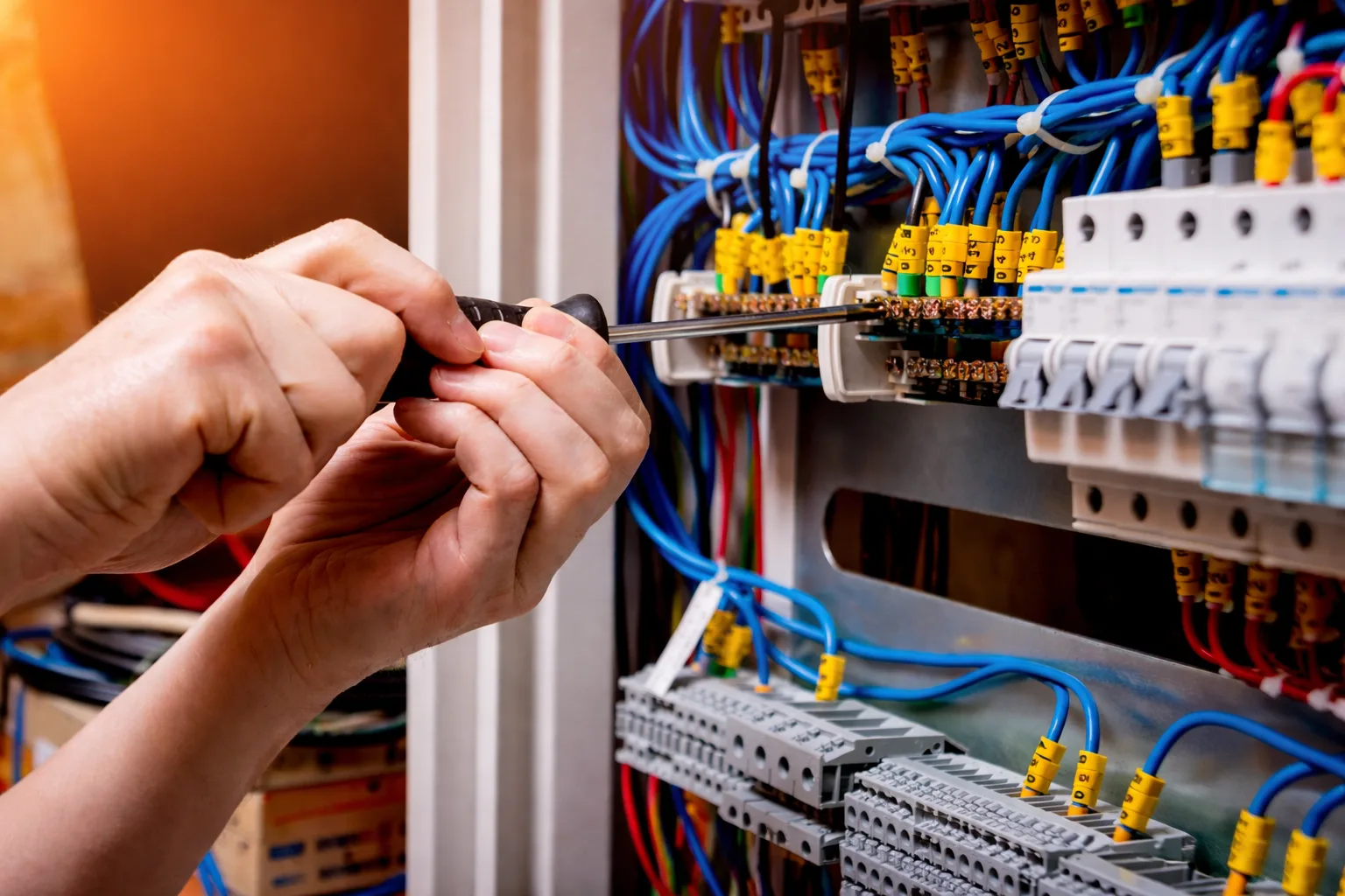 An electrician's hands tightening a terminal inside an electrical panel