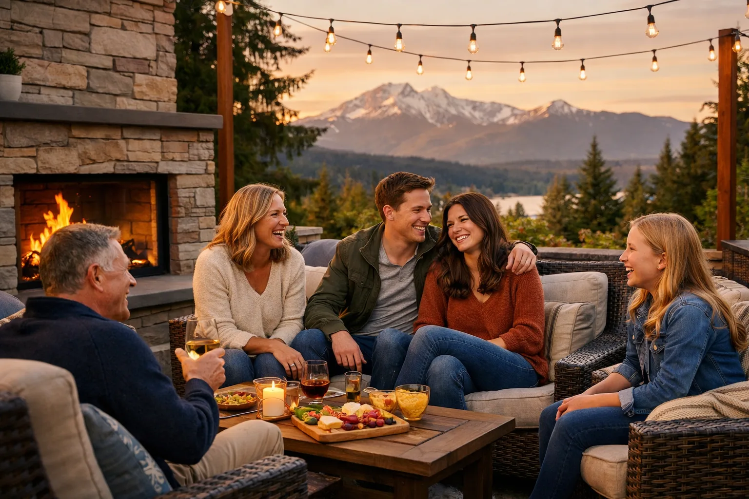 Neighbors gathered around a patio fire feature at dusk