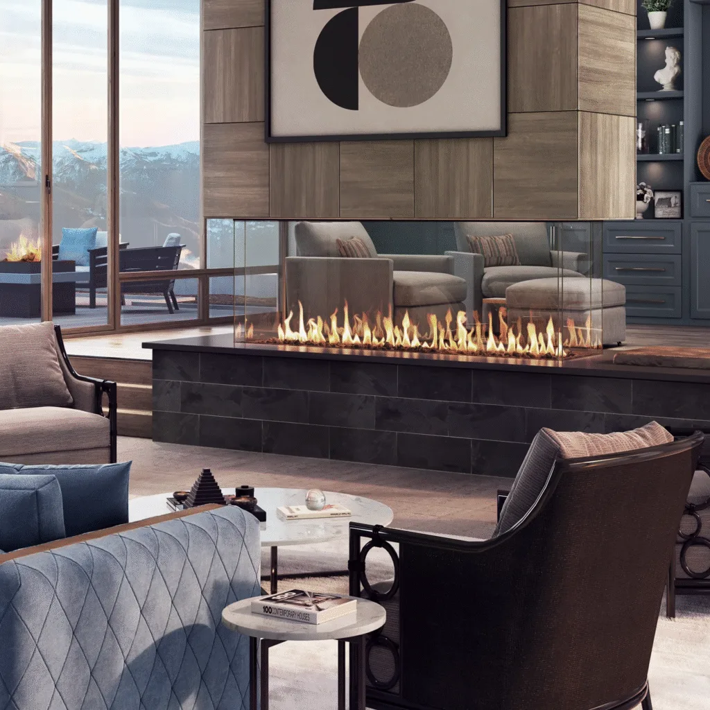 Long linear gas fireplace in a modern great room
