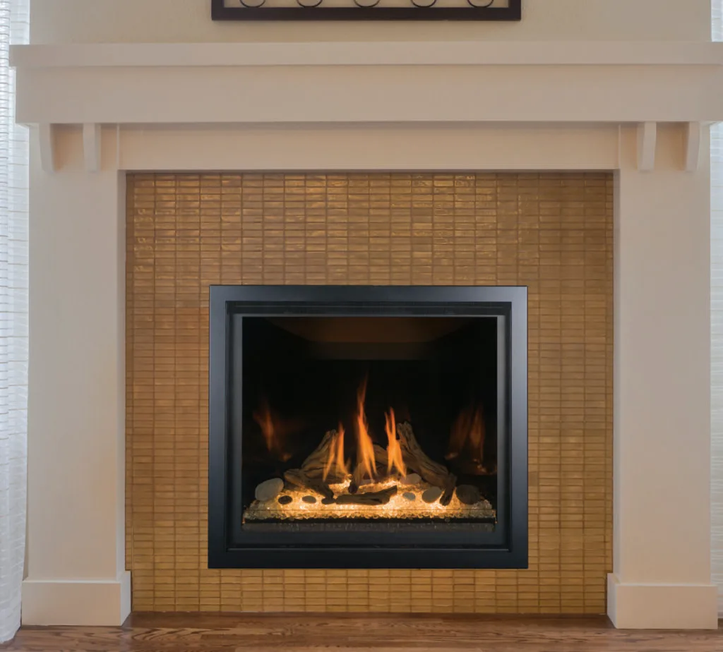 Kozy Heat Bayport 36 gas fireplace burning in a living room